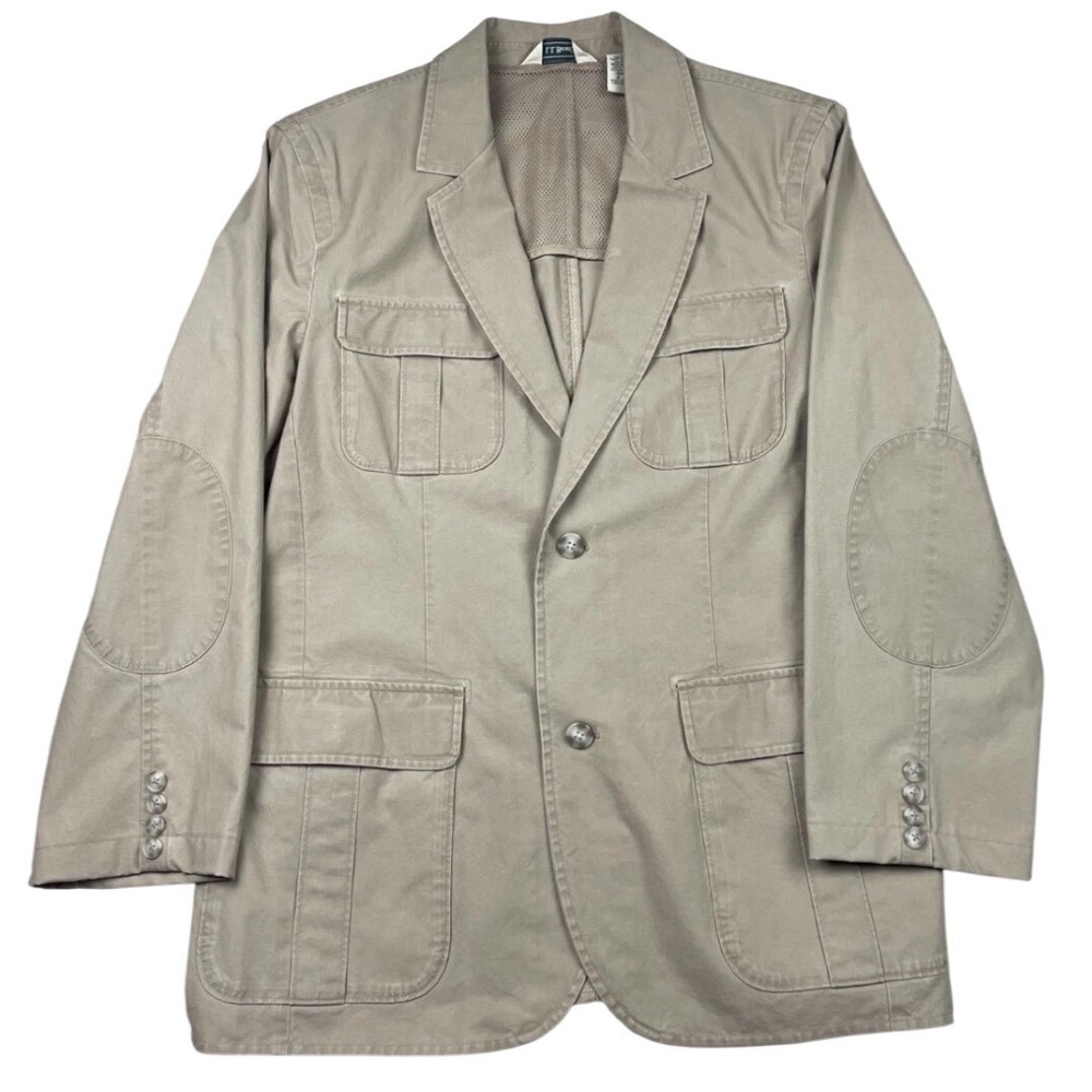 L.L.Bean Safari Jacket Men 44 Reg Tan Excellent Utility Elbow Patch Sport Coat